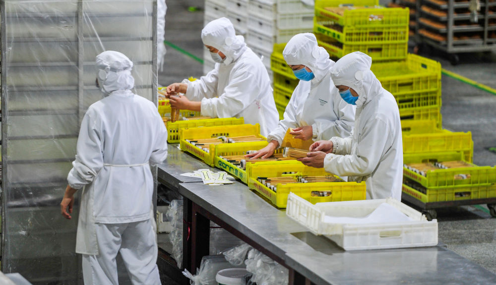 3月6日,工人在内蒙古意林食品有限公司面包生产车间忙碌.