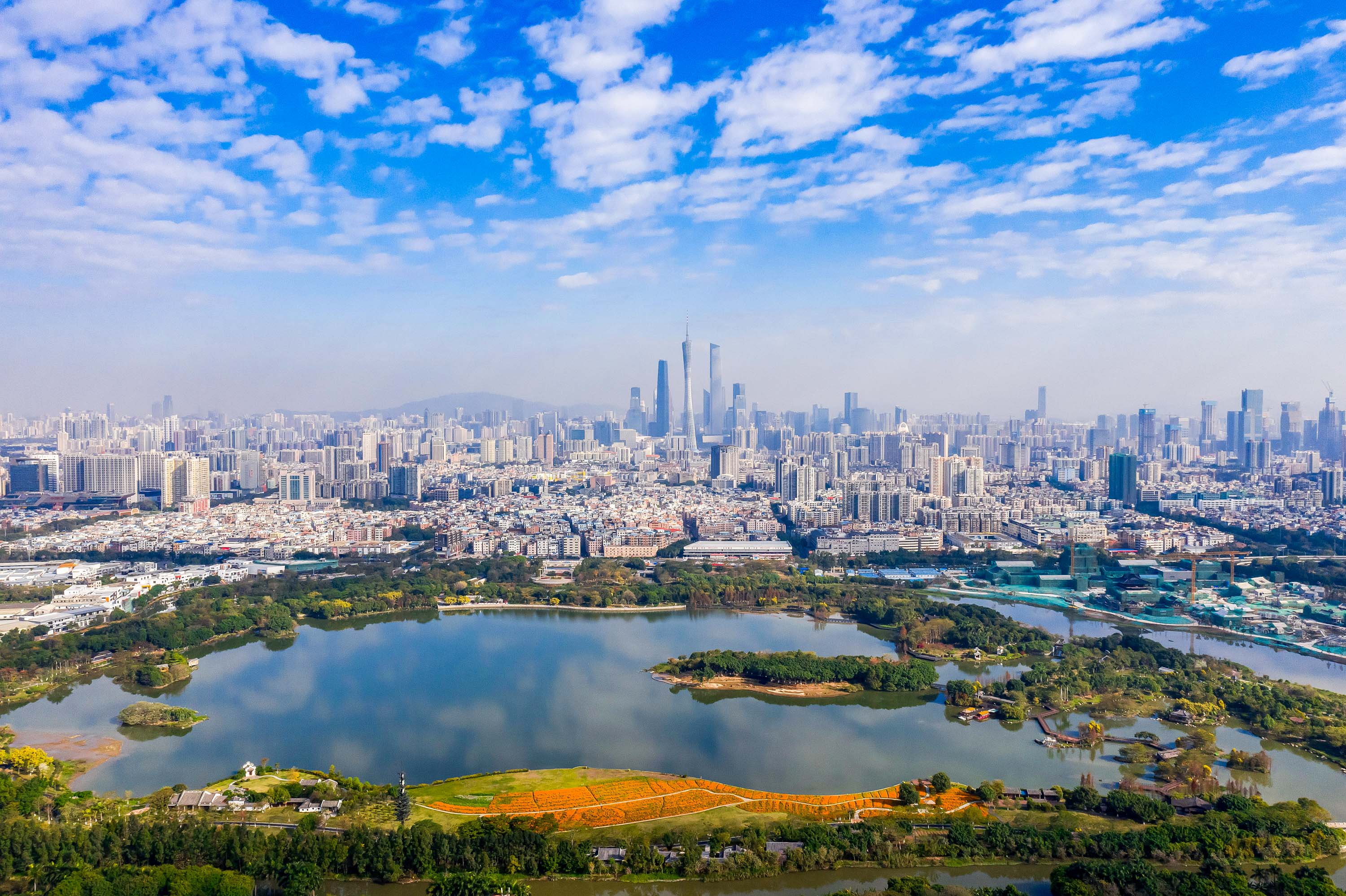 位于中心城区的海珠湿地与城市地标广州塔遥相呼应(2月24日无人机