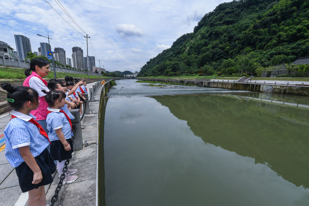 6月28日,杭州市临安区锦城街道纪检部门的党员在苕溪河边给小学生们