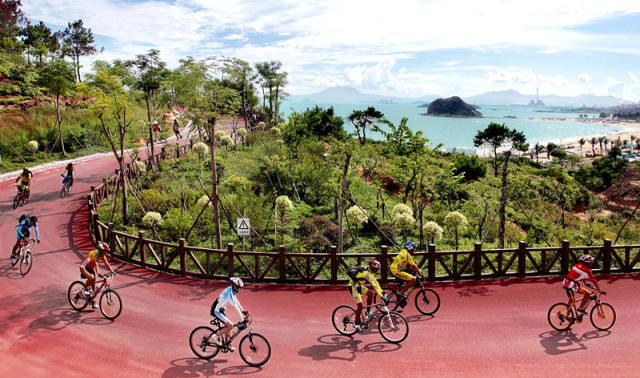 绿道骑行滨海地,处处花呈瑞.草木正茏葱,一路芳馨,蝶舞蜂迎戏.