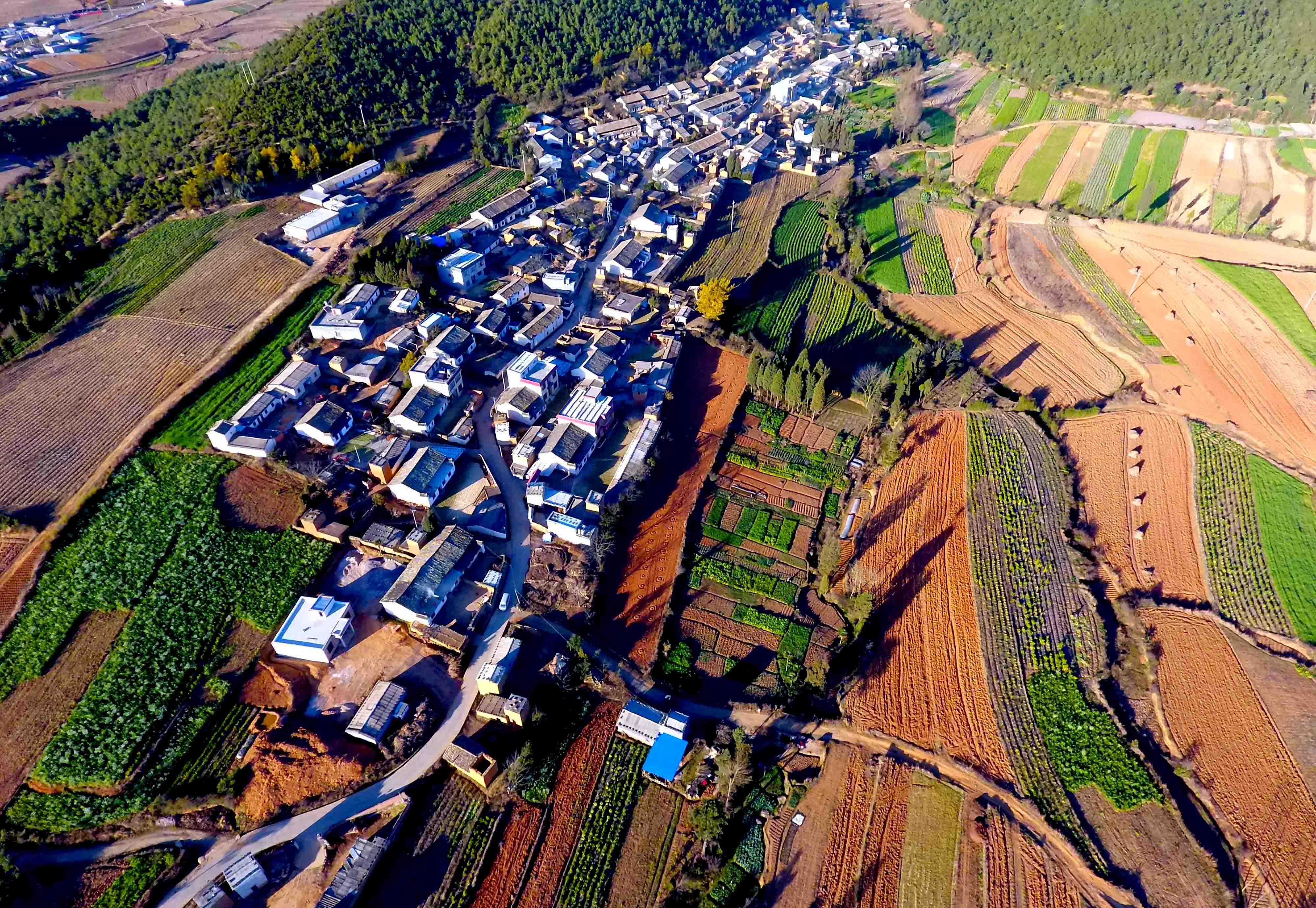 俯瞰秀美的雲南省曲靖市馬龍縣山鄉,一棟棟農民新居拔地而起,即將播種