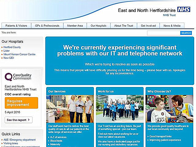 East and North Hertfordshire NHS网站截图：网站信息提示英国国民保健制度系统互联网和电话网络正在出现显著问题。（新华/美联）