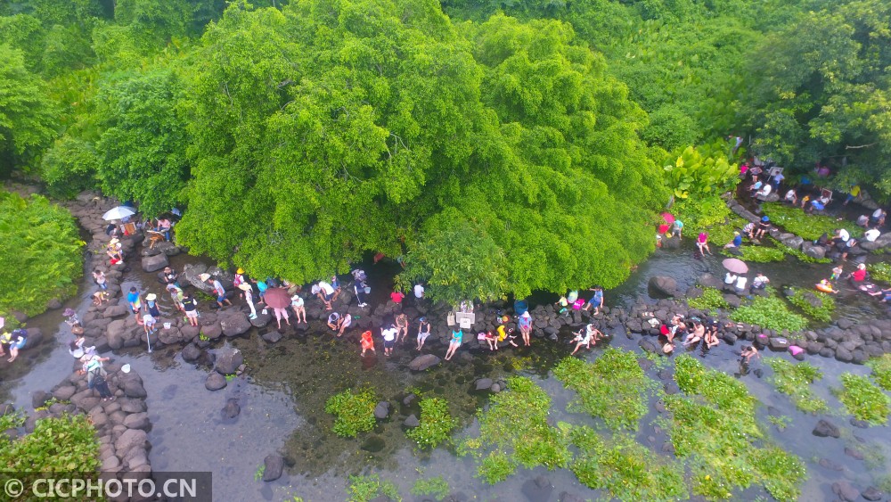 6月17日,在海南省定安县龙门镇久温塘村,人们在冷泉中浸泡避暑.