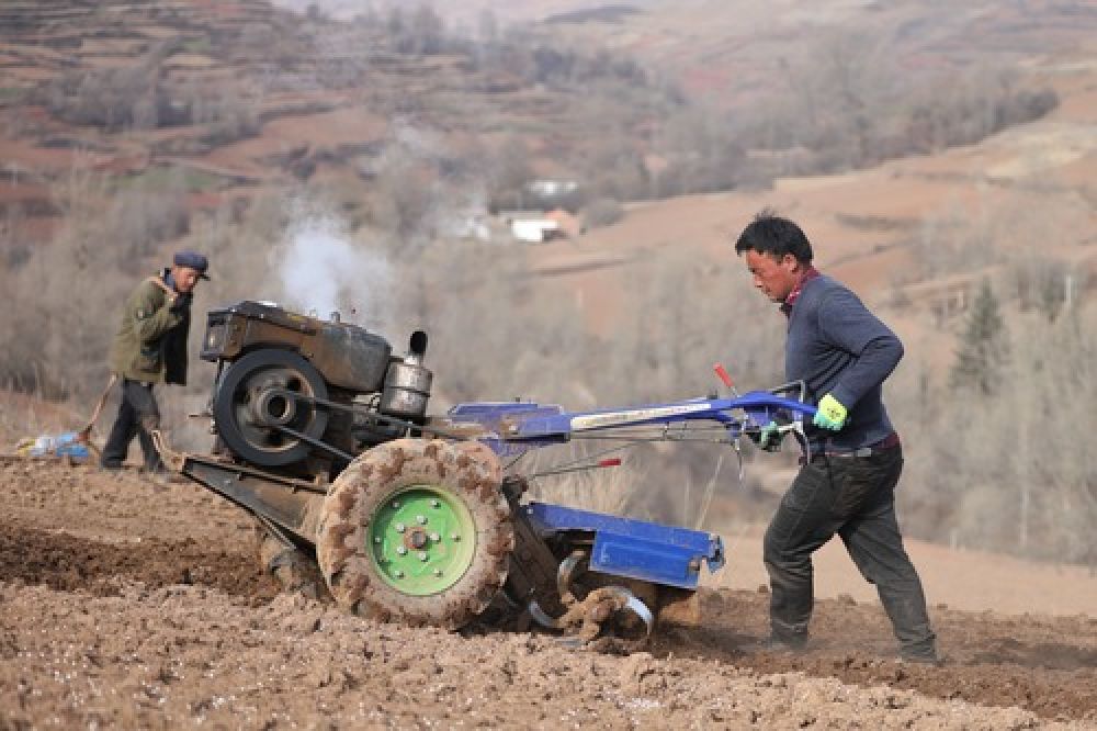 3月10日,在渭源县元古堆村,路彦荣推着新式手扶拖拉机和村民一起干