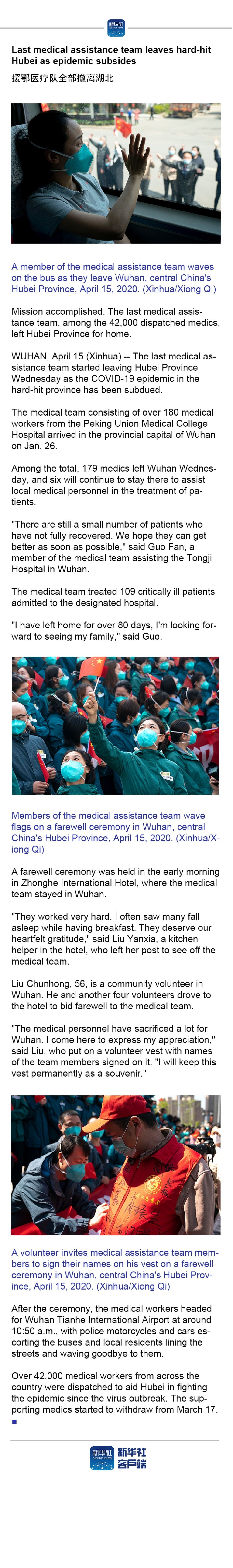 ：Last medical assistance team leaves hard-hit Hubei as epidemic subsides