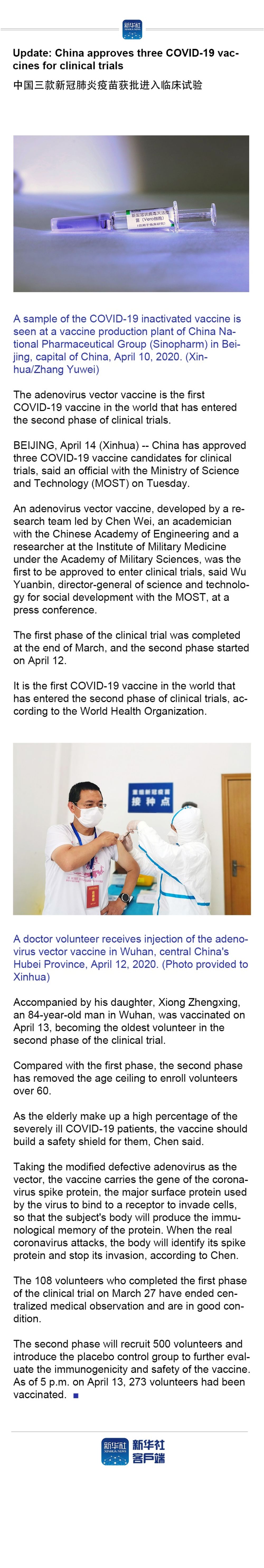 ：Update: China approves three COVID-19 vaccines for clinical trials