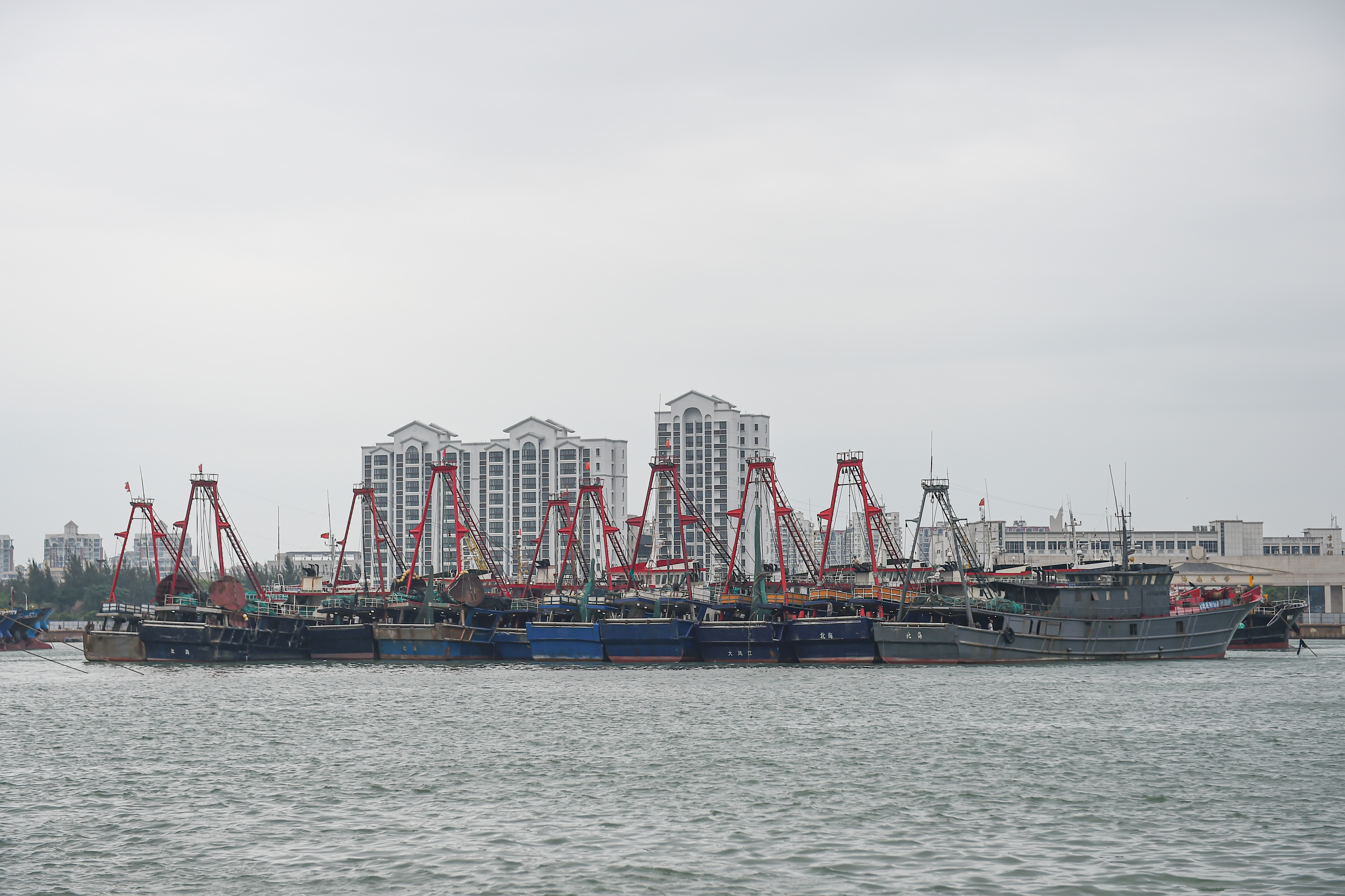 10月13日,船只在海口市新港码头停靠避风.图 新华社