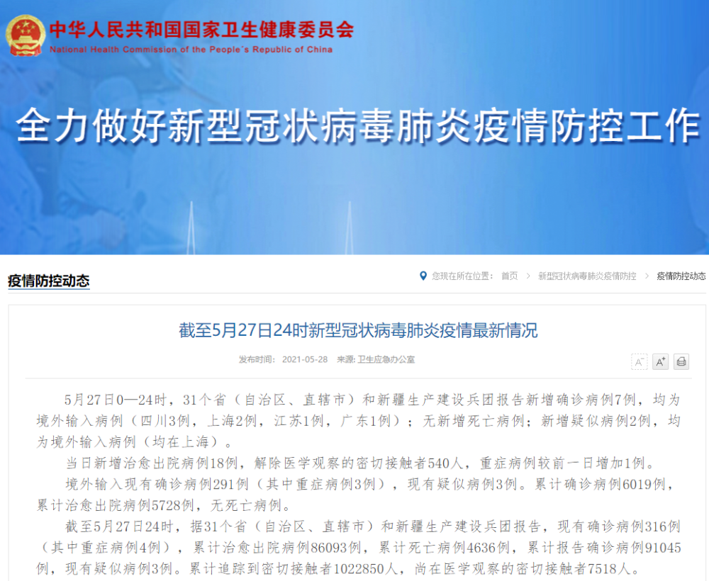 国家卫健委 27日新增确诊病例7例 均为境外输入 国家卫健委 27日新增确诊病例7例 均为境外输入