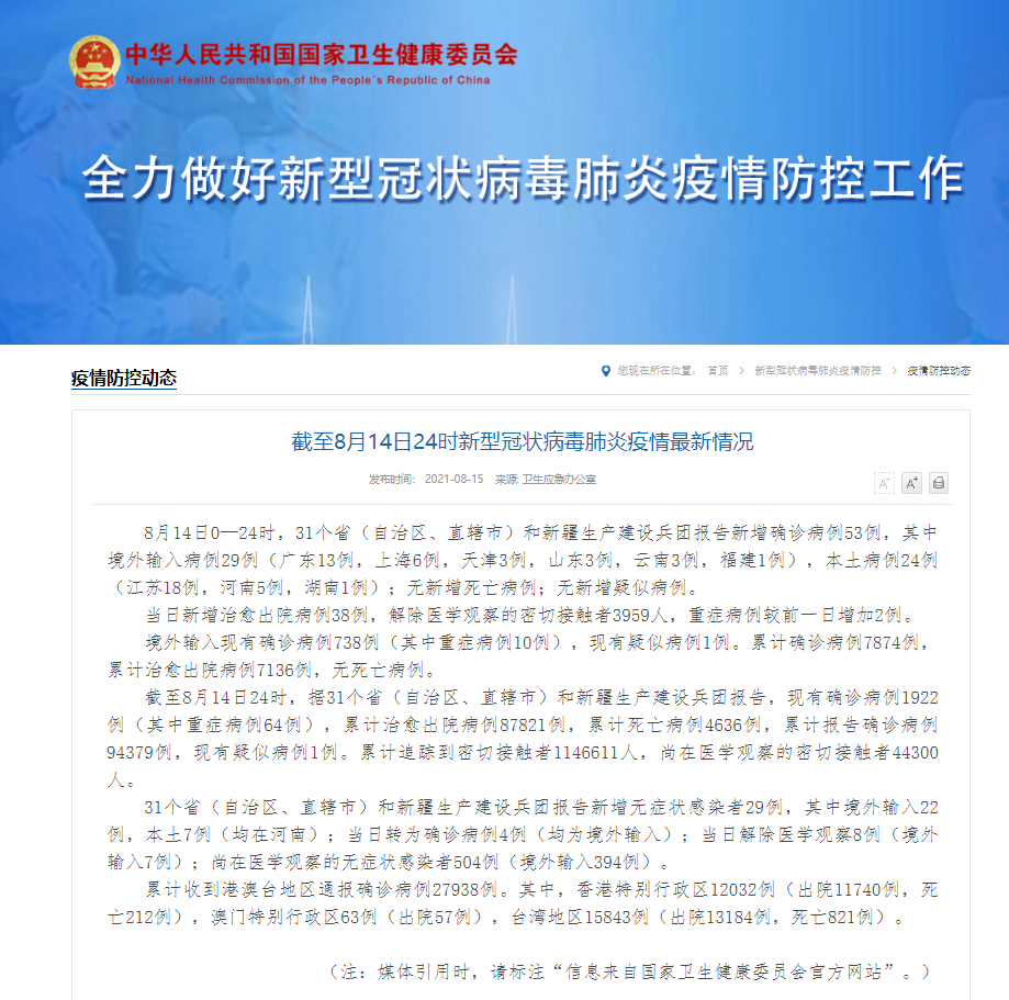 国家卫健委：14日新增确诊病例53例 其中本土24例