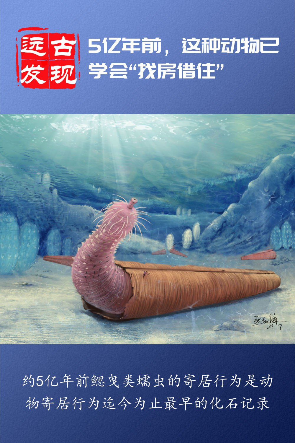 发现了约5亿年前鳃曳类蠕虫的寄居行为,这也是动物寄居行为迄今为止